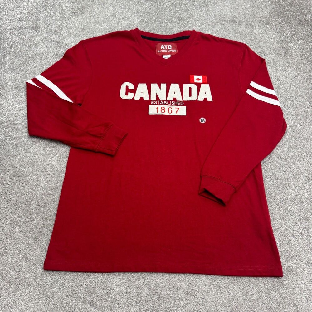 ATC All Things Canadian Graphic Long Sleeve T-Shirt Mens Medium Red V-Neck Tee